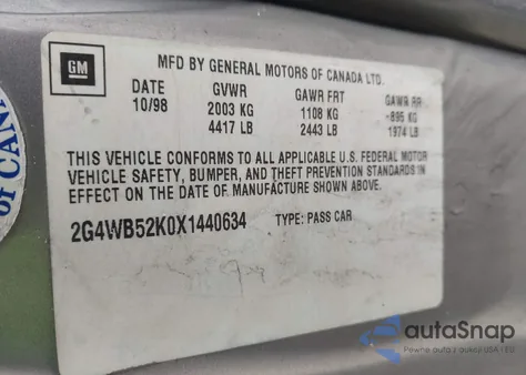 1999 Buick Regal Ls from USA, damaged, VIN 2G4WB52K0X1440634